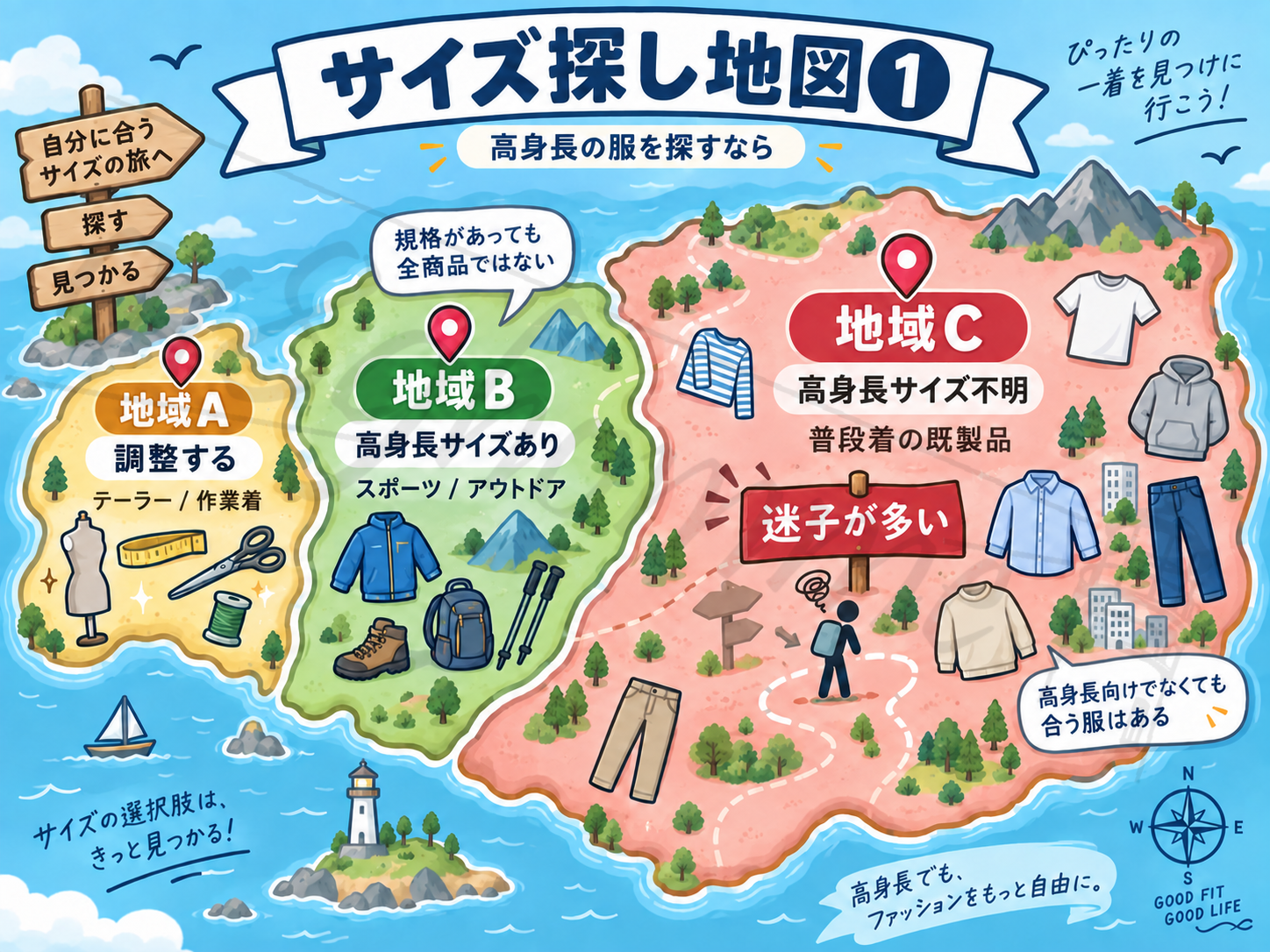 0189hommeが定義する、高身長のサイズ探しマップ。